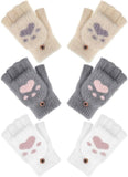 3 Pairs Winter Fingerless Gloves Warm Convertible Mittens Cat Design Accessories Pet Clever Gray 