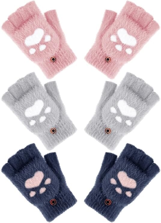 3 Pairs Winter Fingerless Gloves Warm Convertible Mittens - Pet Clever