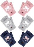 3 Pairs Winter Fingerless Gloves Warm Convertible Mittens Cat Design Accessories Pet Clever Pink 