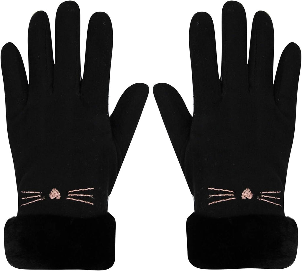 Thermal Mittens with Faux Fur Cuff Cat Design Accessories Pet Clever Black 