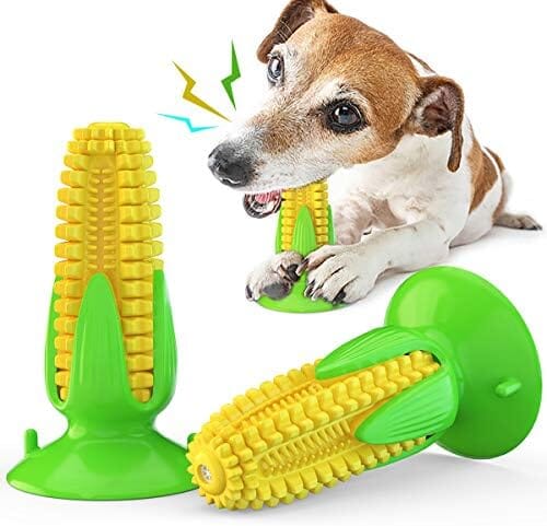 Yellow Corn Dog Squeaky Chew Toy with Suction Toothbrush Pet Clever 