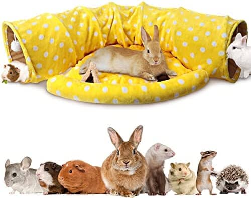 2-in-1 Collapsible Rabbit Tunnel Tubes Toys with Removable Mat Hamster Pet Clever Yellow 