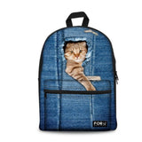 3D Cat BackPack Bag With Laptop Compartment Cat Design Bags Pet Clever Stone Washed Denim 