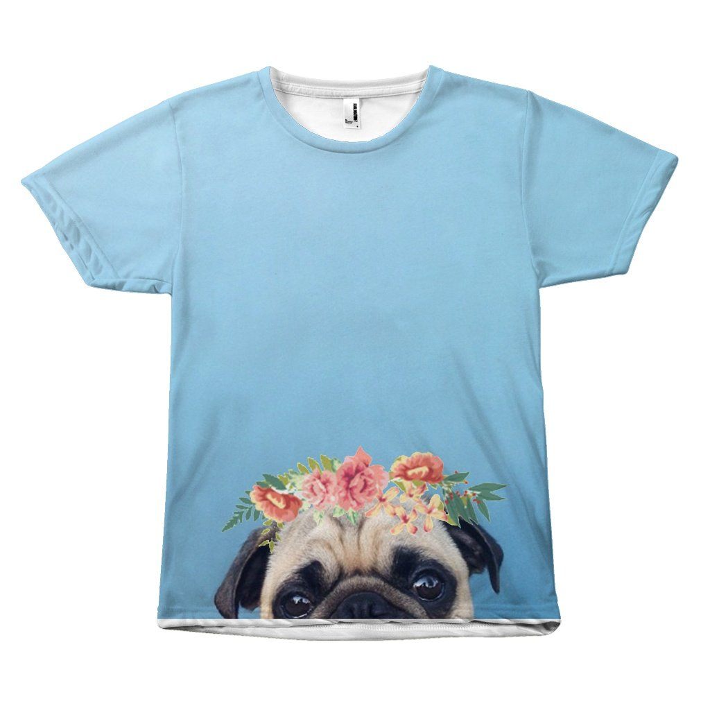 Adorable Floral Pug Head Blue Background Design T-Shirt All Over Print teelaunch Pug Eyes S 