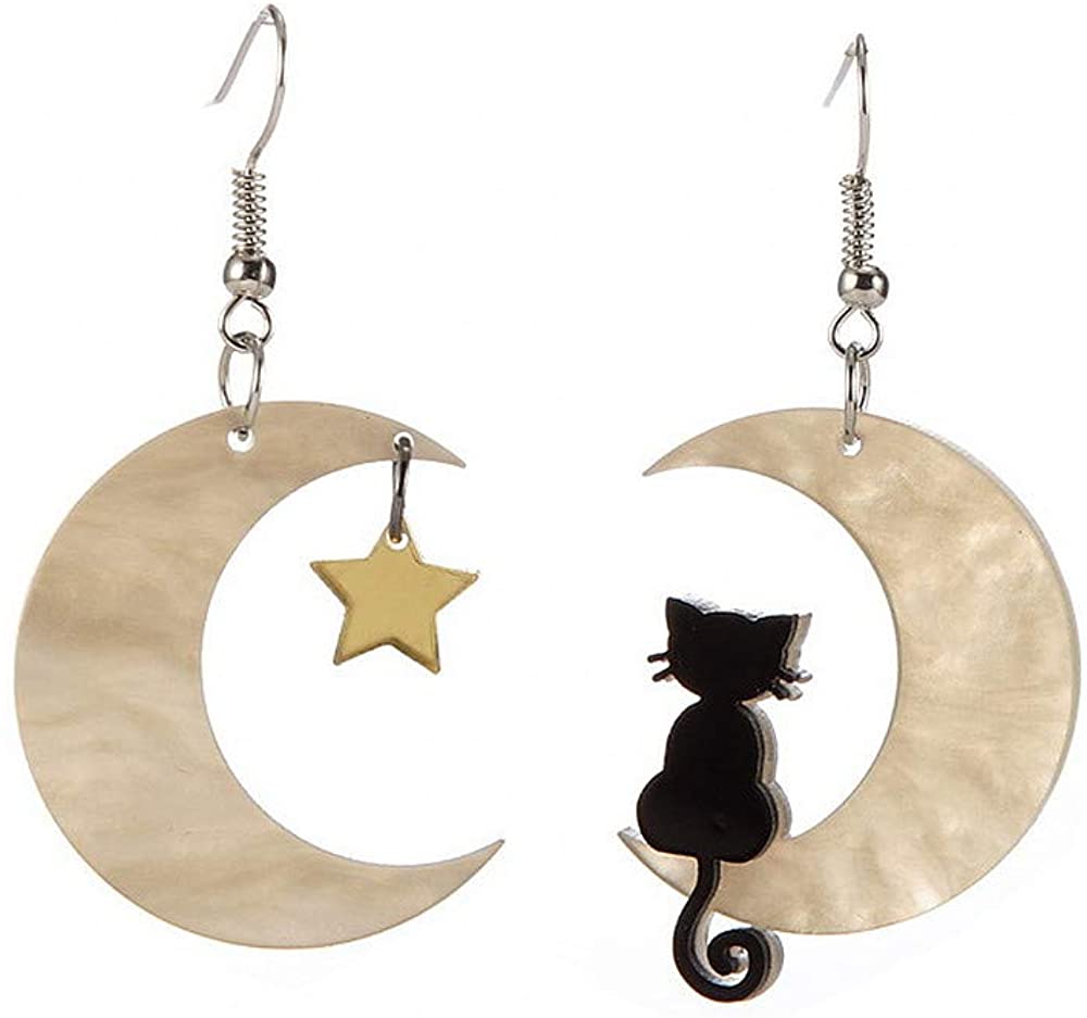 Black Cat on the Moon Dangle Earrings Cat Design Accessories Pet Clever Cream 