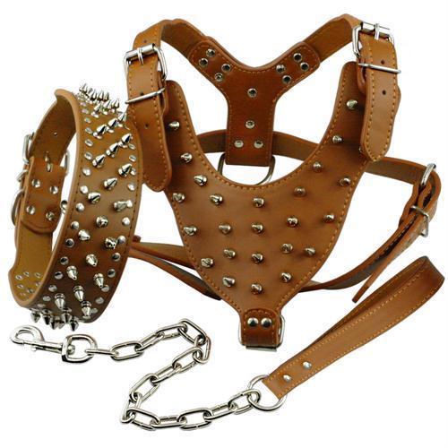 Black Spiked Studded Leather Dog Harness Collar & Leash Set Pet Clever
