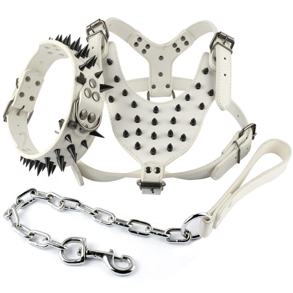 Black Spiked Studded Leather Dog Harness Collar & Leash Set Pet Clever