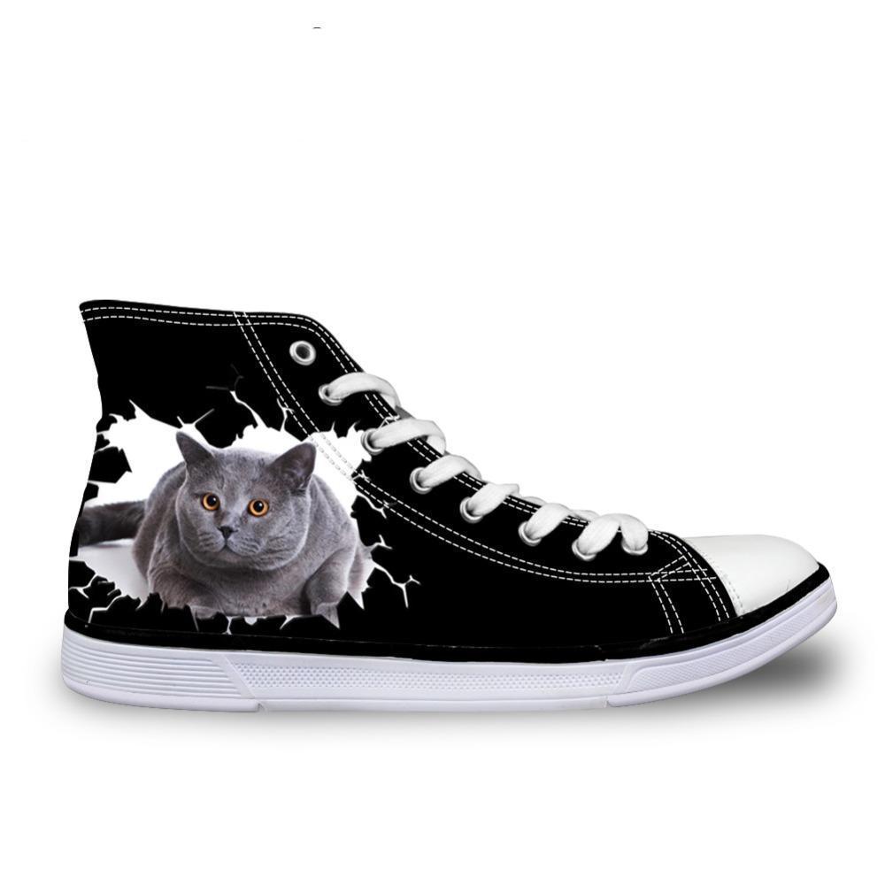 Black Women's 3D Cat Print High-Top Shoe Cat Design Footwear Pet Clever 
