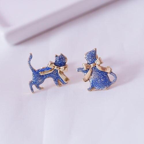 Blue Cat with Gold Bow Earrings Cat Design Accessories Pet Clever Studding Earrings A 