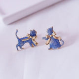 Blue Cat with Gold Bow Earrings Cat Design Accessories Pet Clever Studding Earrings A 