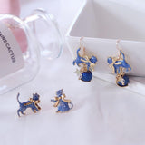Blue Cat with Gold Bow Earrings Cat Design Accessories Pet Clever 