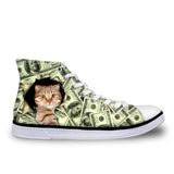 Boss Cat in Dollars Print High Top Canvas Women Shoes Cat Design Footwear Pet Clever 