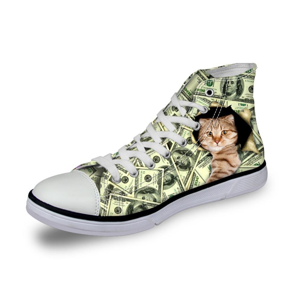 Boss Cat in Dollars Print High Top Canvas Women Shoes Cat Design Footwear Pet Clever US 5 - EU35 -UK3 