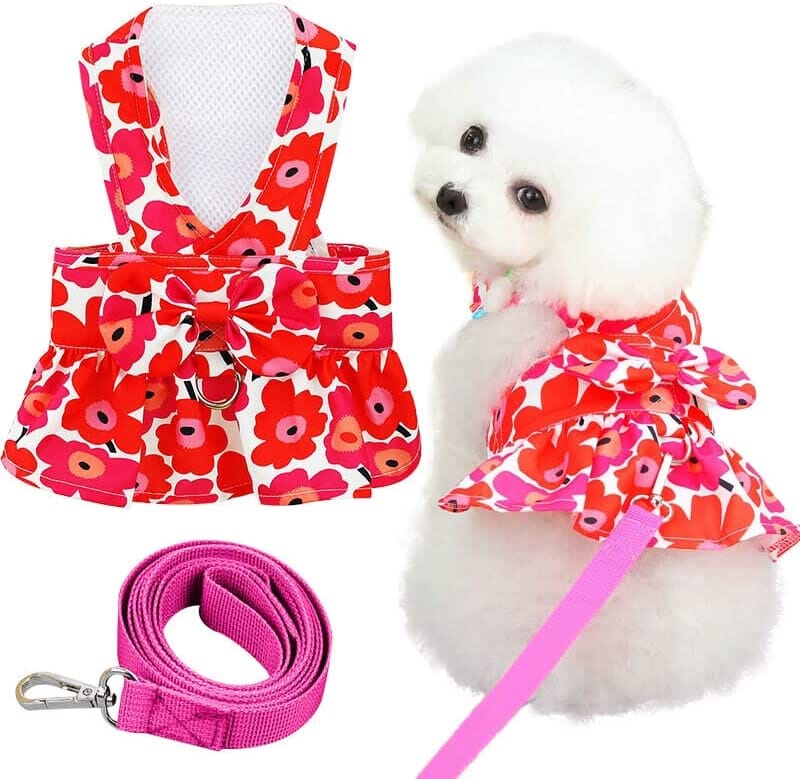 Bow Puppy Princess Dress with D-Ring Soft Mesh Adjustable Pet Dress Dog Harness Pet Clever Red X-Small 