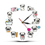 Cartoon Pug Dog Daily Life Wall Clock Dog Lover Home Decor Non Ticking Wall Clock Home Decor Dogs Pet Clever 