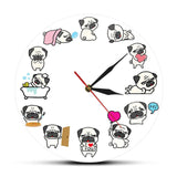 Cartoon Pug Dog Daily Life Wall Clock Dog Lover Home Decor Non Ticking Wall Clock Home Decor Dogs Pet Clever No Frame 