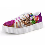 Casual Big Eyes Cat with Floral Crown Print Flat Platform Lace up Shoes Cat Design Footwear Pet Clever US 5 - EU35 -UK3 