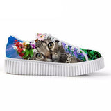 Casual Black Cat with Floral Crown Print Flat Platform Lace up Shoes Cat Design Footwear Pet Clever 