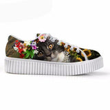 Casual Dark Cat with Floral Crown Print Flat Platform Lace up Shoes Cat Design Footwear Pet Clever 