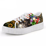 Casual Dark Cat with Floral Crown Print Flat Platform Lace up Shoes Cat Design Footwear Pet Clever US 5 - EU35 -UK3 