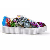 Casual Gray Cat with Floral Crown Print Flat Platform Lace up Shoes Cat Design Footwear Pet Clever 