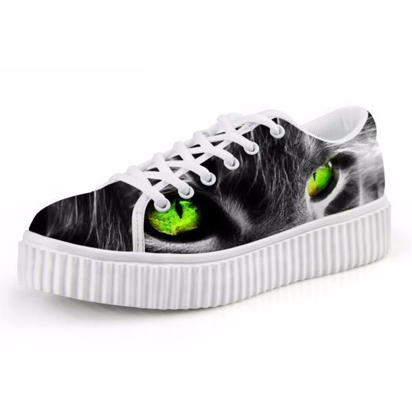 Casual Green Eyes Cat Print Flat Platform Shoes Cat Design Footwear Pet Clever US 5 - EU35 -UK3 
