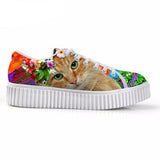 Casual Orange Cat with Floral Crown Print Flat Platform Lace up Shoes Cat Design Footwear Pet Clever 