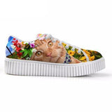 Casual Surprised Cat with Floral Crown Print Flat Platform Lace up Shoes Cat Design Footwear Pet Clever 