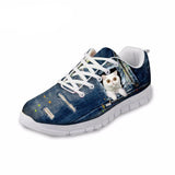 Casual White Cat Print Breathable Lace-up Flat Shoes Cat Design Footwear Pet Clever 