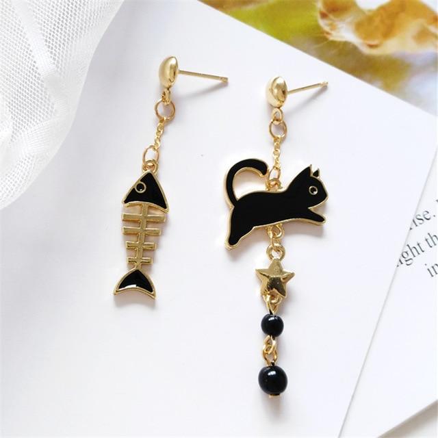 Cat Fish Bone Earrings Cat Design Accessories Pet Clever Black stud earrings 