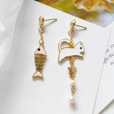 Cat Fish Bone Earrings Cat Design Accessories Pet Clever White stud earrings 