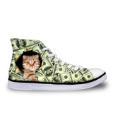 Cat in Dollars Print High Top Canvas Women Shoes Cat Design Footwear Pet Clever 