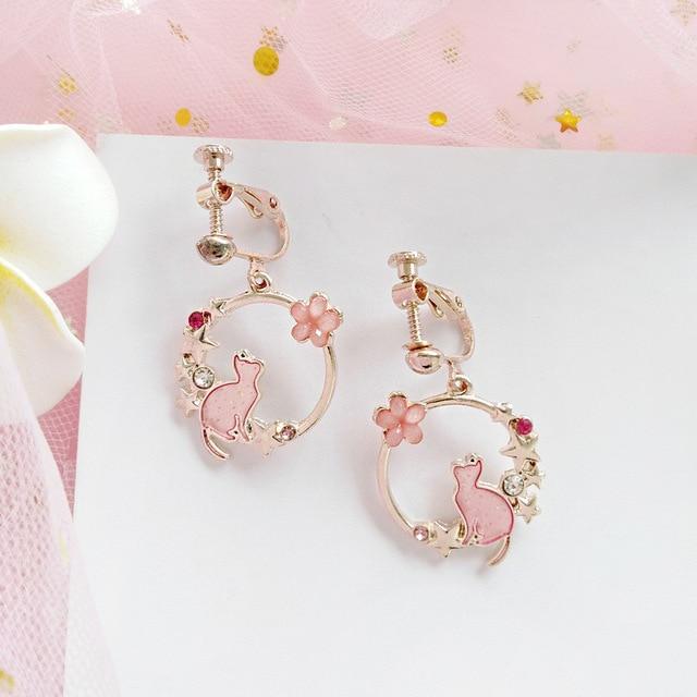 Cat Pendant Clip Earrings Cat Design Accessories Pet Clever Pink 