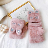 Cat Plush Touchscreen Gloves Cat Design Accessories Pet Clever Pink 