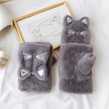 Cat Plush Touchscreen Gloves Cat Design Accessories Pet Clever Gray 