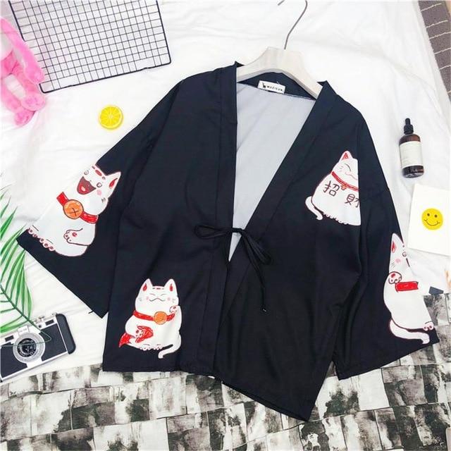 Cat Print Japanese Kimono Cat Design Hoodies Pet Clever Black 