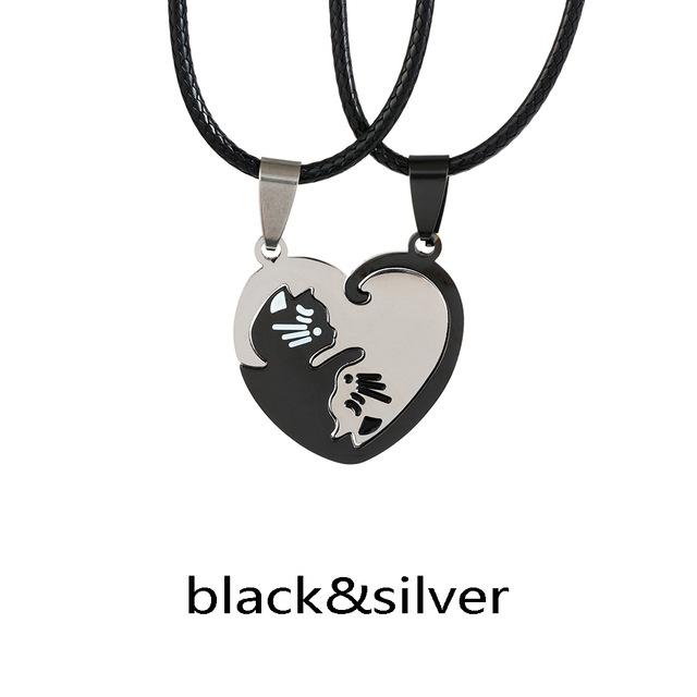 Cat Puzzle Pendant Couple Necklace Cat Design Accessories Pet Clever black silver 