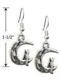 Cat Sitting on Crescent Moon Antique Silver Tone Handmade Dangle Earrings Cat Design Accessories Pet Clever 