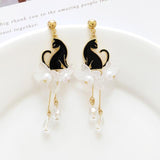 Cat White Pearl Earrings Cat Design Accessories Pet Clever Black stud earrings 