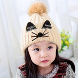 Children Cute Cat Shape Knitted Winter Beanie with Pompoms Cat Design Accessories Pet Clever Beige 