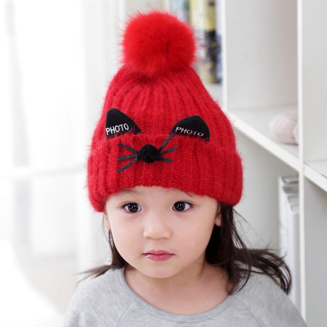 Children Cute Cat Shape Knitted Winter Beanie with Pompoms Cat Design Accessories Pet Clever Red 