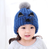 Children Cute Cat Shape Knitted Winter Beanie with Pompoms Cat Design Accessories Pet Clever Blue 