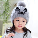 Children Cute Cat Shape Knitted Winter Beanie with Pompoms Cat Design Accessories Pet Clever Gray 