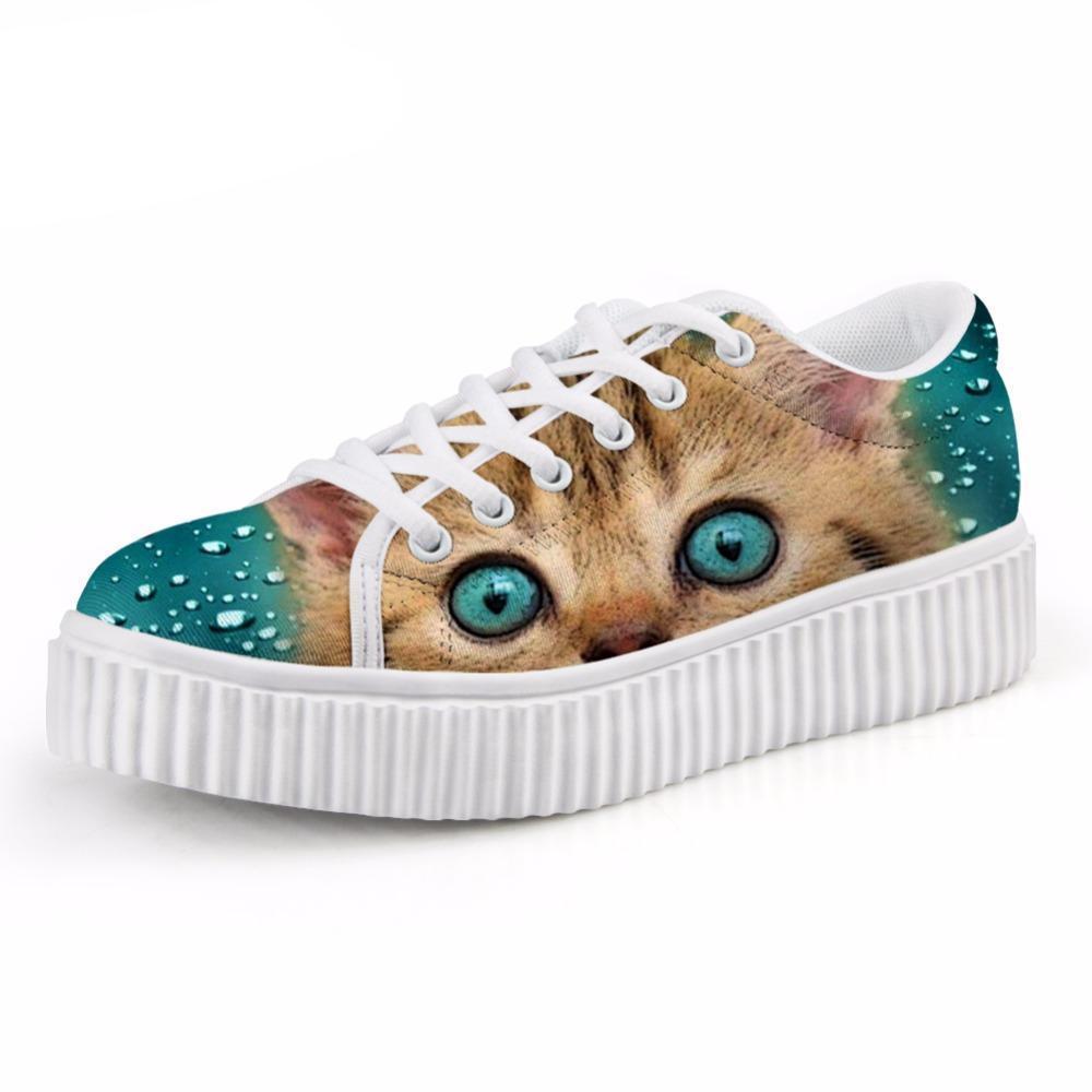Cute Blue Green Eyes Cat Design Lace-up Creepers Shoes Cat Design Footwear Pet Clever US 5 - EU35 -UK3 