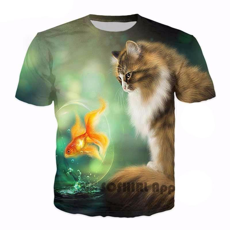 Cute Cat and Fish Print Unisex Casual T Shirt Cat Design T-Shirts Pet Clever 
