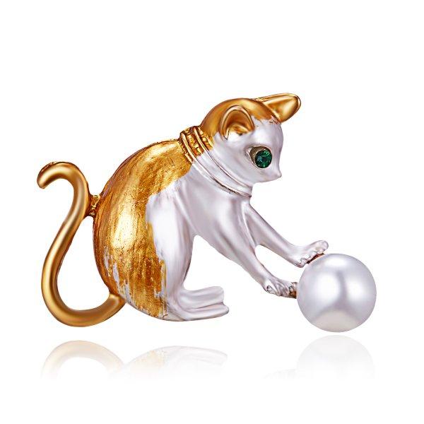 Cute Cat Pearl Rhinestone Brooch Cat Design Accessories Pet Clever Gold 