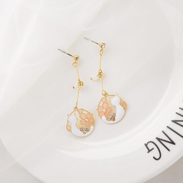 Cute Cat with Sakura Earrings Cat Design Accessories Pet Clever White 