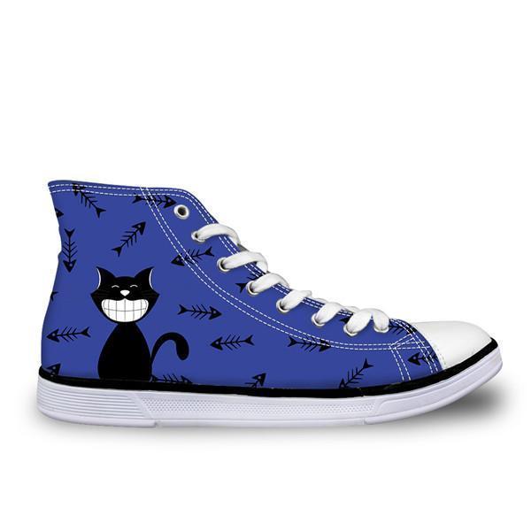 Cute High Top Casual Smiley Cat in Blue Design Shoes for Women Cat Design Footwear Pet Clever US 5 - EU35 -UK3 