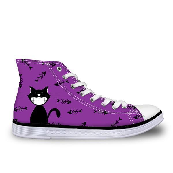 Cute High Top Casual Smiley Cat in Violet Design Shoes for Women Cat Design Footwear Pet Clever US 5 - EU35 -UK3 