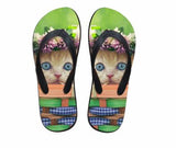Cute Lonely Cat Flower Print Flip Flops Slippers Cat Design Footwear Pet Clever US 5 - EU35 -UK3 